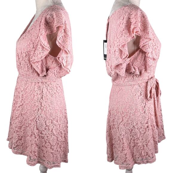 Boohoo Lace Ruffle Sleeve Skater Dress Blush 14 New - Picture 5 of 14